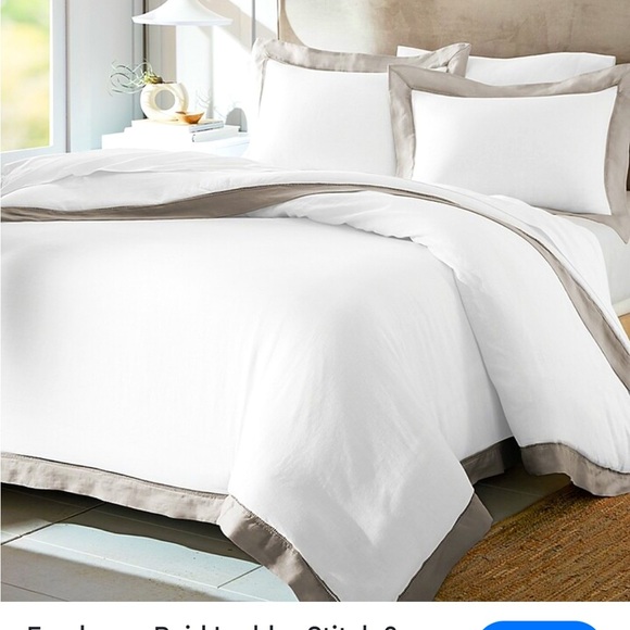 Everhome Other - Everhome Queen Duvet 3 pc. Set White Linen Cotton Blend Gray Reid Ladder Stitch